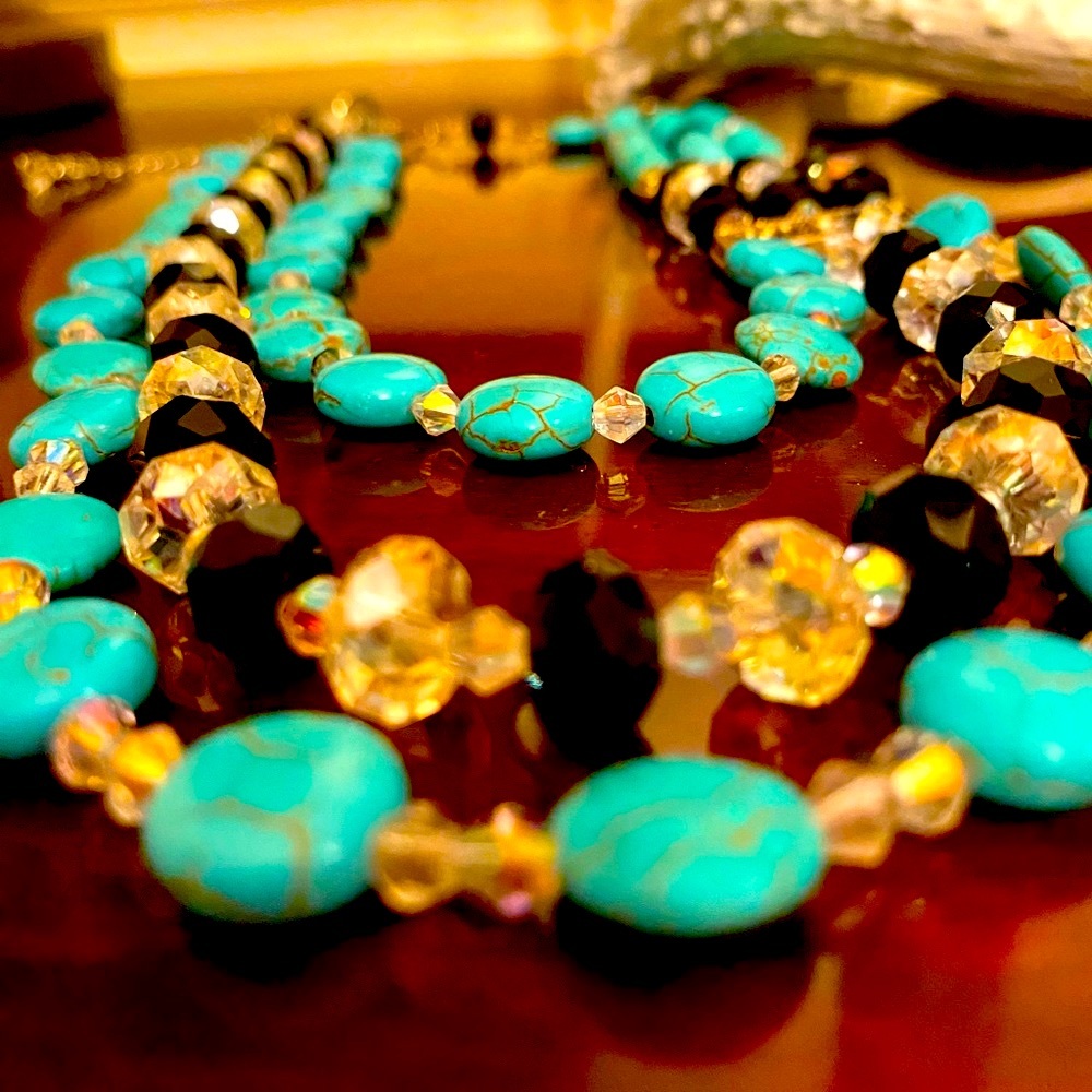 Multi colored three strand statement necklace.  16” with extension. Unique.